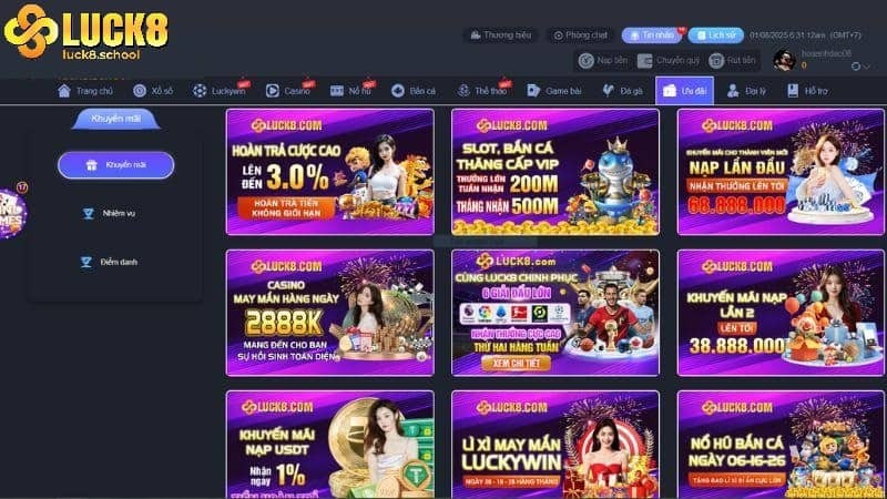 Luck8 liên tục có những chương trình khuyến mãi hấp dẫn cho người chơi.